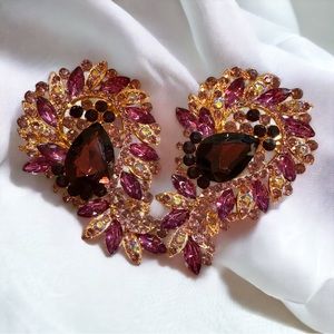 Set of 2 Stunning Multi Crystal and Rhinestone Encrusted Oversized Brooches